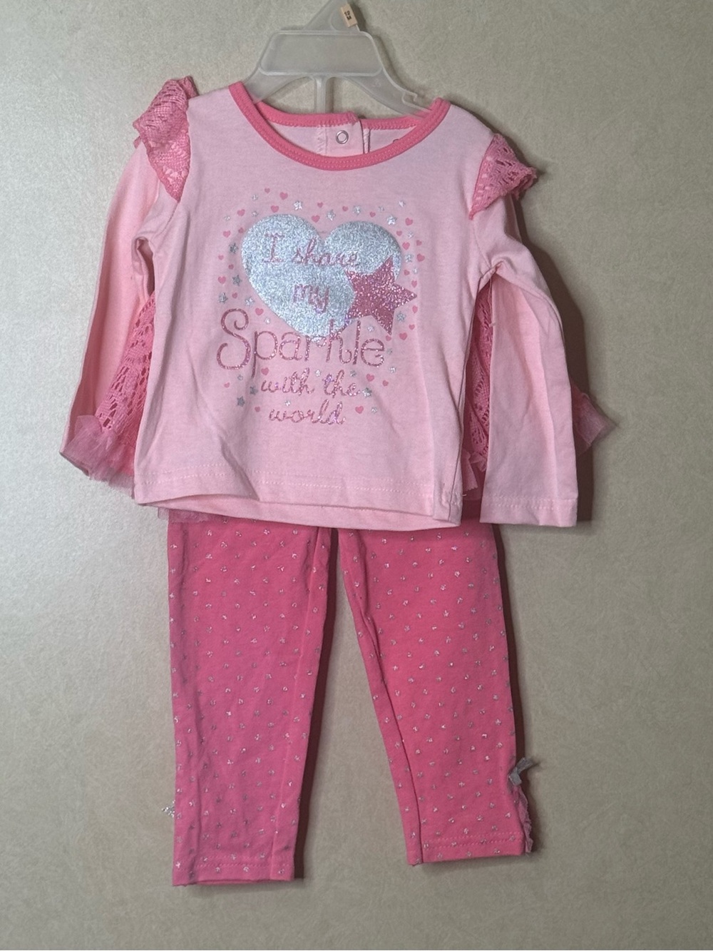 Pink Sparkle Heart Kids Set - Long Sleeve Top & Leggings
